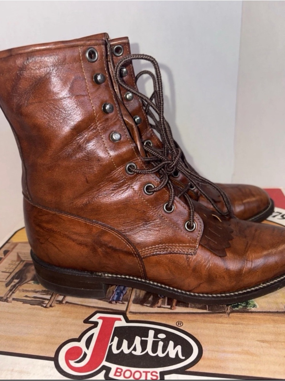 Justin L0563 Women's Brown Marble Deerlite Leather Laced Boots - Size 6.5B Box - Picture 5 of 12